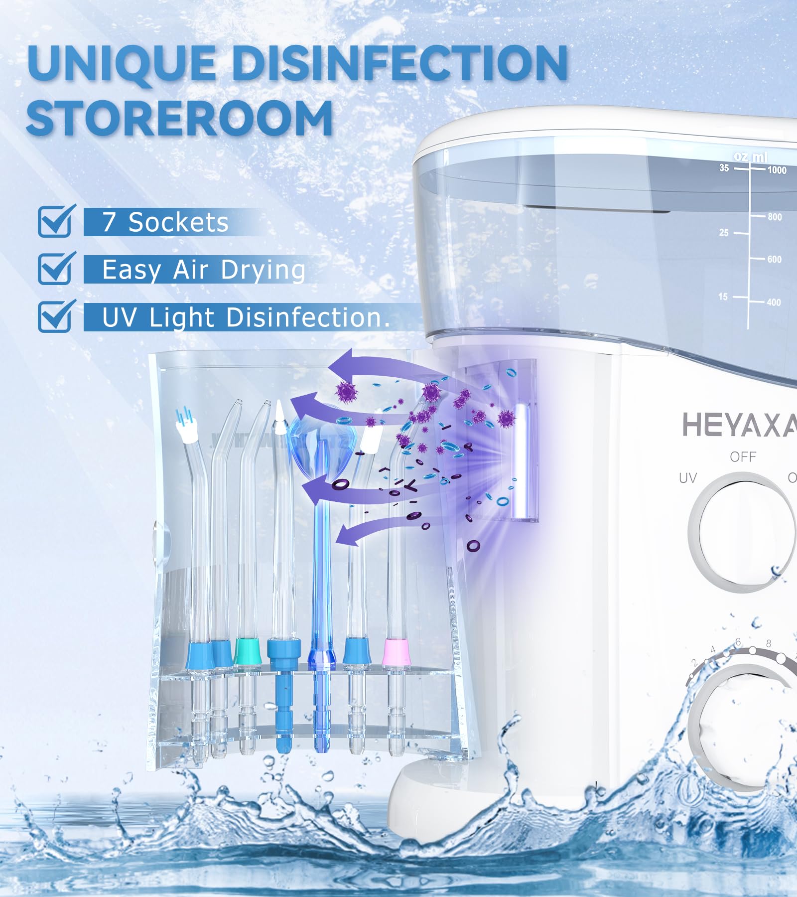 HEYAXA Water Dental Flosser for Teeth Cleaning with 1000ML Large Capacity and UV Storage, 10 Adjustable Pressure Electric Oral Irrigator with 7 Jet Tips for Home Use, Gums, Braces (White)