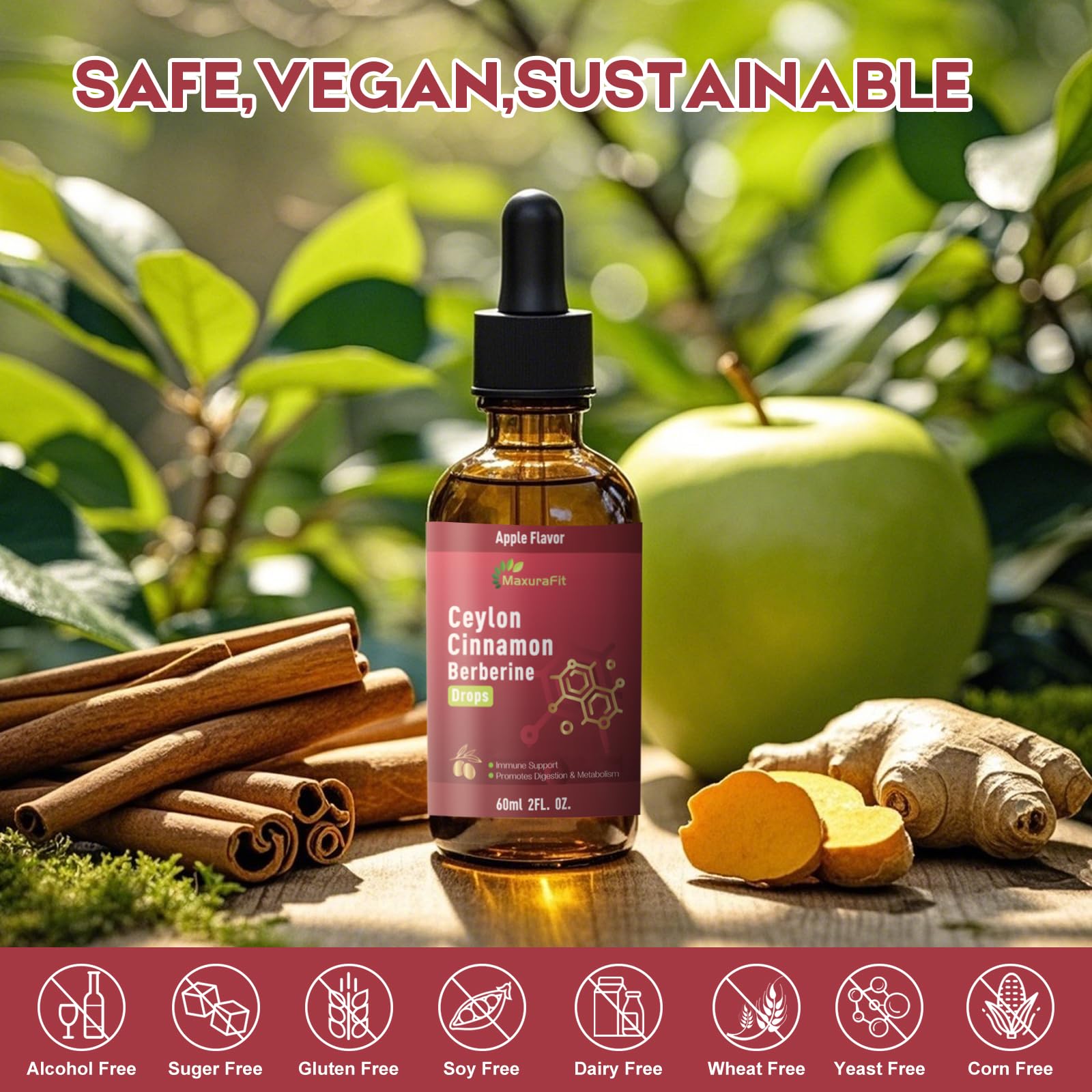 2 Pack Ceylon Cinnamon Berberine Bitter Liquid Drops Supplement with Turmeric,Green Tea,Apple Cider Vinegar,Black Seed Oil for Immune System & Digestive System Supports 4 FL OZ