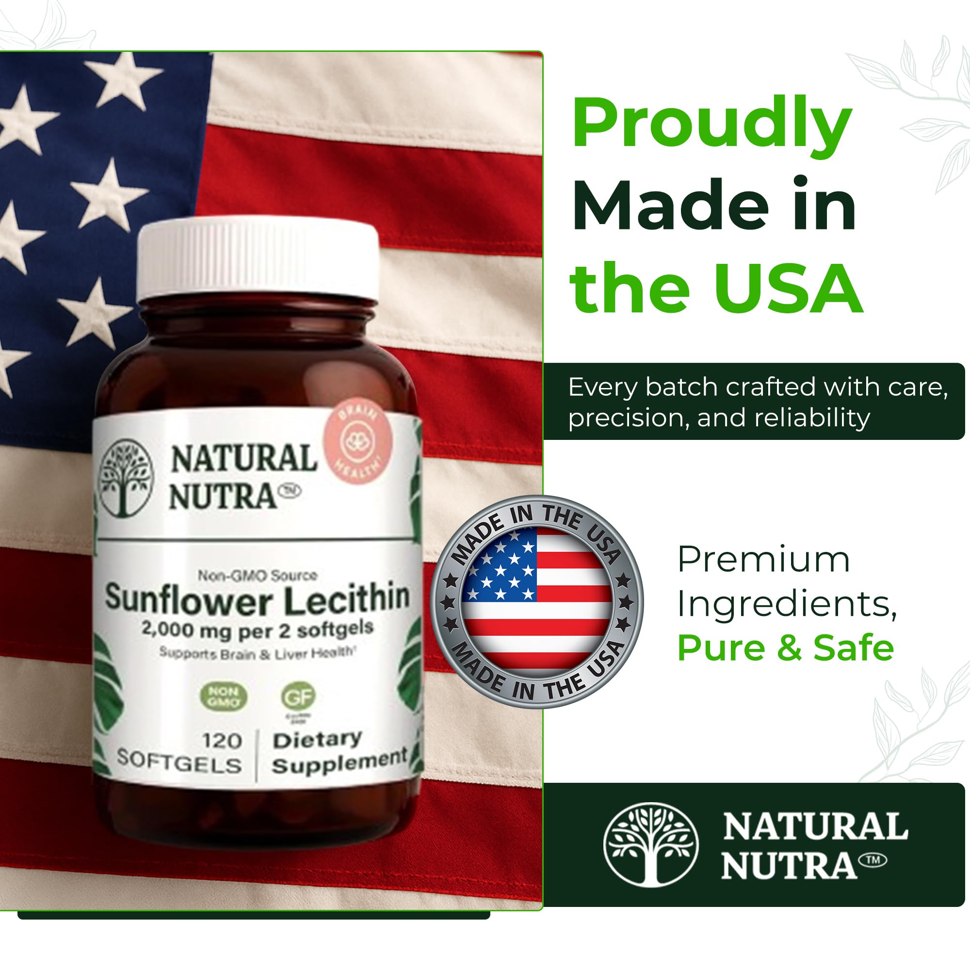 Natural Nutra Sunflower Lecithin Supplement 2000mg, Gluten-Free 120 Softgel