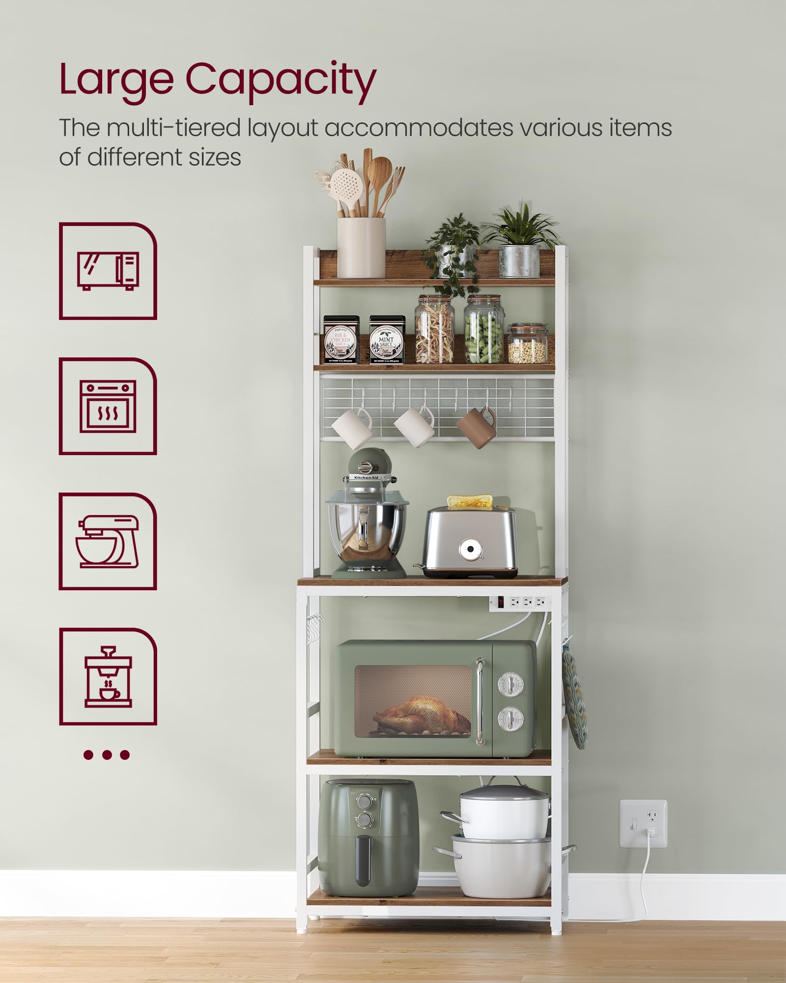 Hutch Bakers Rack with Power Outlet, 14 Hooks Microwave Stand, Adjustable Coffee Bar with Metal Wire Panel, Kitchen Storage Shelf, 15.7 x 23.6 x 66.9 Inches, Rustic Walnut and White UKKS037W41
