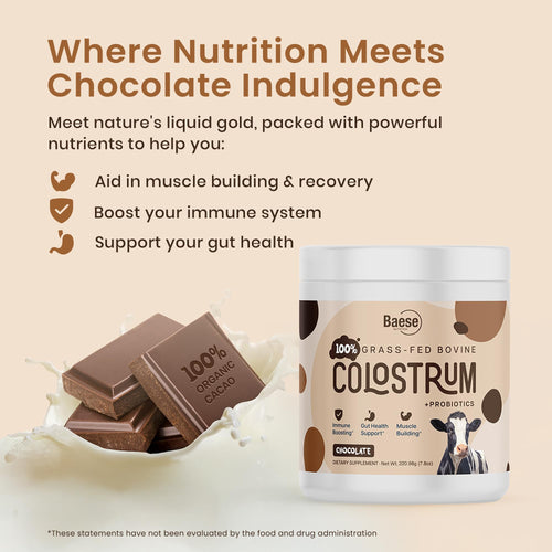 Baese Nutrition Organic Chocolate 4000mg Grass Fed Bovine Colostrum Powder + Probiotics Colostrum Supplement for Kids & Adults with Immunoglobulins (220.98 Grams)