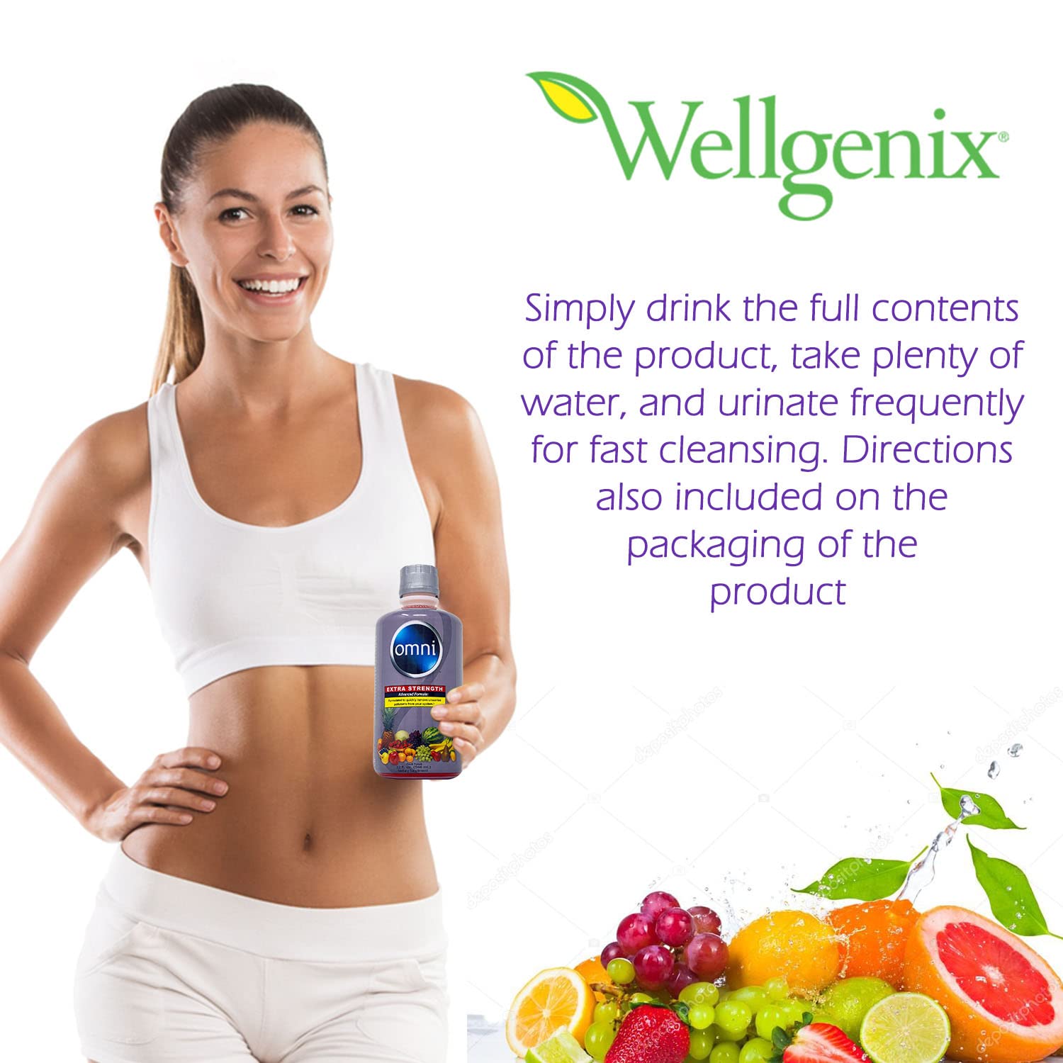 Wellgenix Omni Cleansing Drink, Extra Strength Body Detox, Herbal Cleanse Detox Liquid, Flush Your System, Fruit Punch Flavor, 32 Fl Oz, Premium Detox Support Supplement