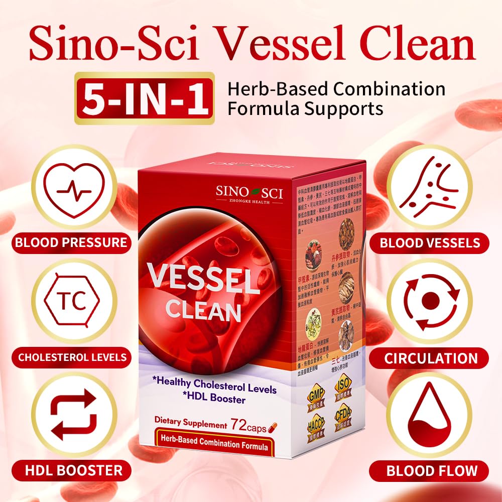 Sino-Sci Vessel Clean, Blood Pressure Support Supplement, for Healthy Vascular & Metabolism, 72 Caps (1 Bottle)