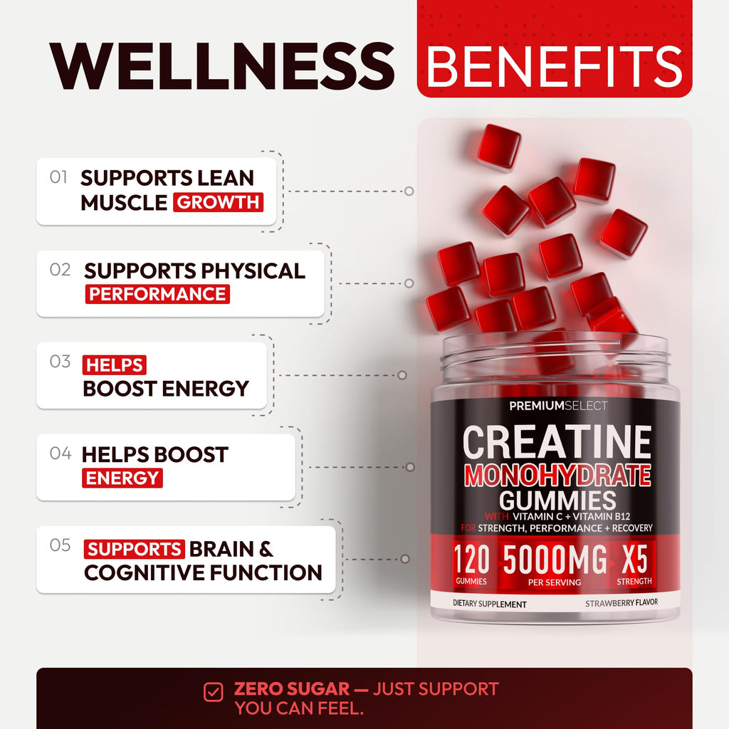 Sugar Free Creatine Monohydrate Gummies 5g Per Serving - 120 Monohydrate Creatine Gummies Advanced Complex with Vitamin C + Vitamin B12 for Muscle Strength, Energy Boost, Pre-Workout Gummy