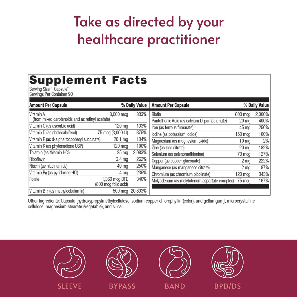 Bariatric Advantage Ultra Solo with Iron - Once-Per-Day Daily Multivitamin - for Bariatric Patients - with Thiamin, Vitamin A & More - Gluten Free - 90 Capsules