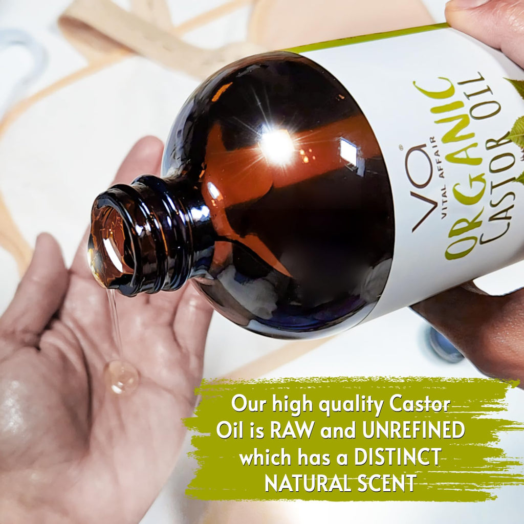 VITAL AFFAIR Pure Organic Castor Oil 32oz – Cold Pressed, Unrefined, USDA Organic – Glass Bottle for Hair Growth, Eyelashes, Eyebrows, Face & Castor Oil Packs