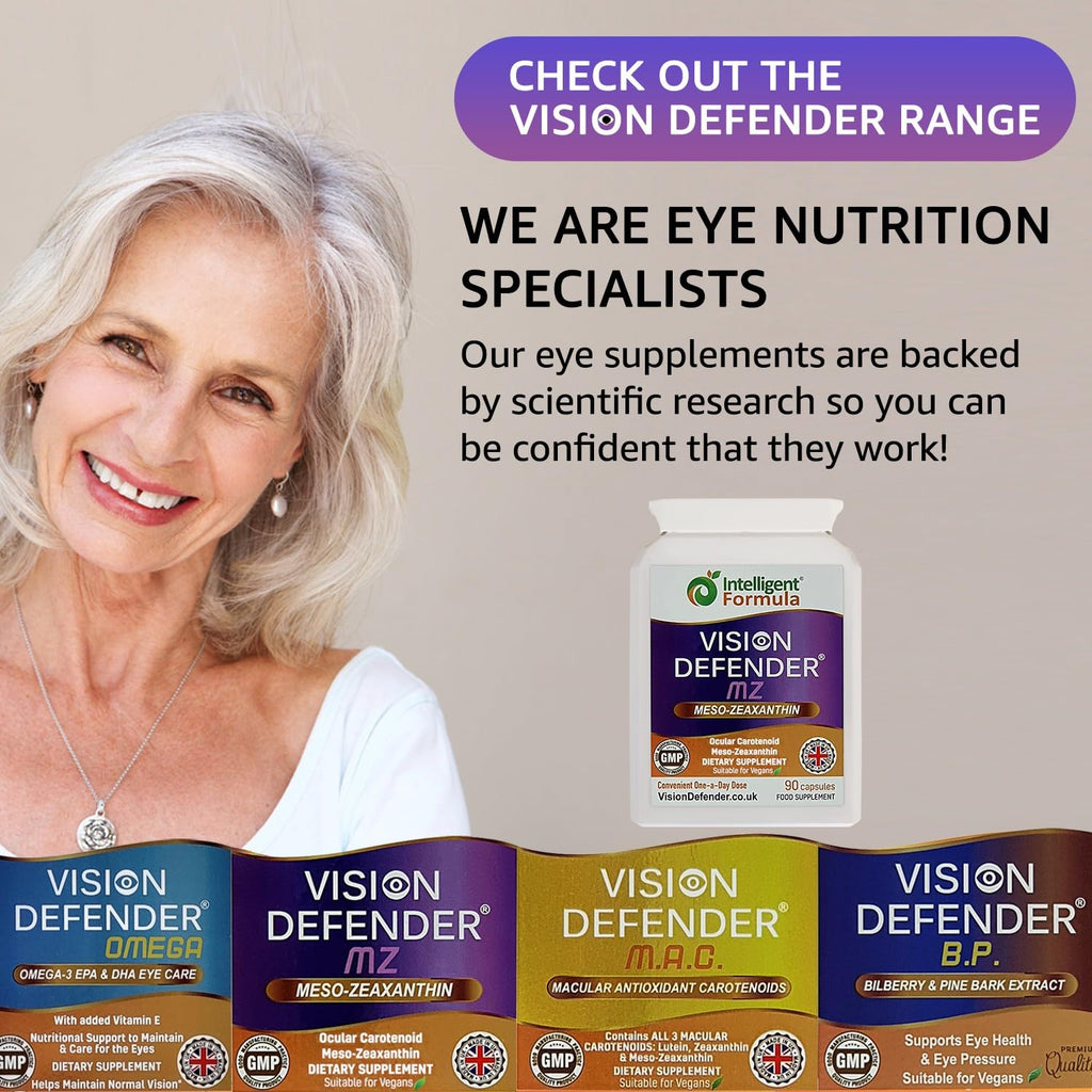 Vision Defender Meso Zeaxanthin Vegan Eye Supplement MZ- Protect and Improve Ocular Health & Eye Care, High Strength Antioxidant Carotenoid Meso-Zeaxanthin for Eyes (90 Capsules/One Daily) Made in UK
