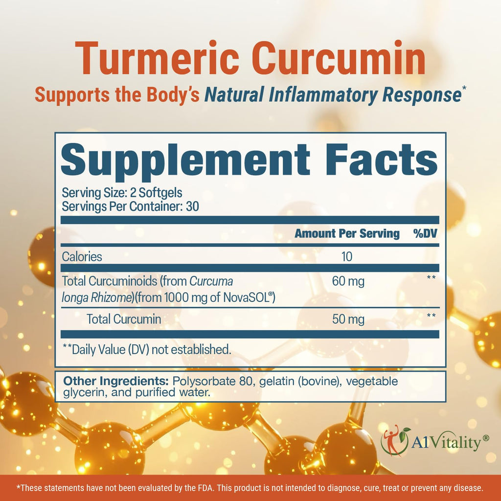 A1Vitality NovaSOL Turmeric Curcumin 1000mg – Clinically Proven 185x Higher Absorption – Promotes Joint Comfort, Mobility & Overall Wellness – Non-GMO, Doctor Formulated, 60 Softgels.