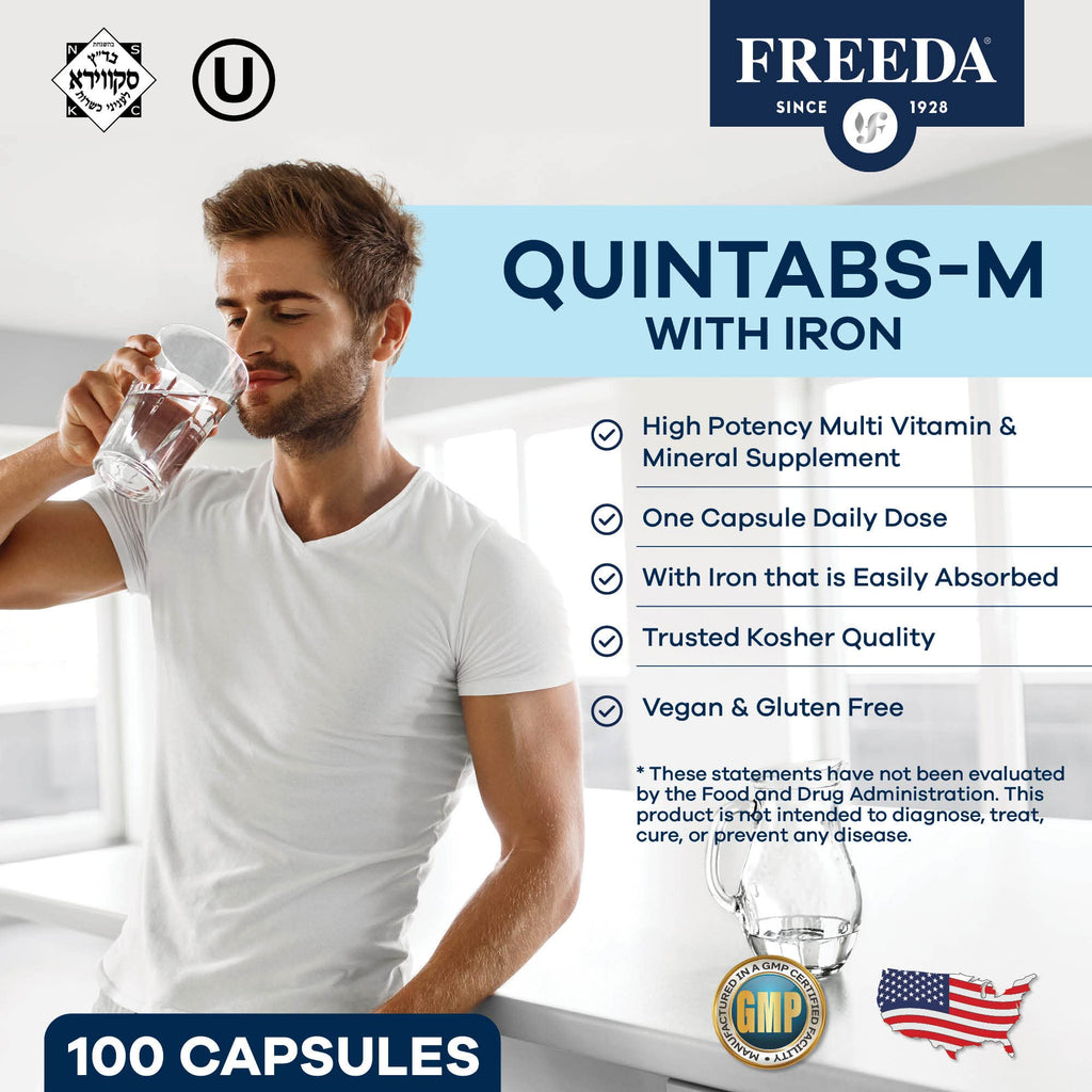 FREEDA Multivitamin – Quintabs-M with Iron – Kosher Multi Vitamins Supplements for Women Health - Multivitamins for Women & Iron-Deficient Men – Daily Vitamins for GLP-1 Users (250)