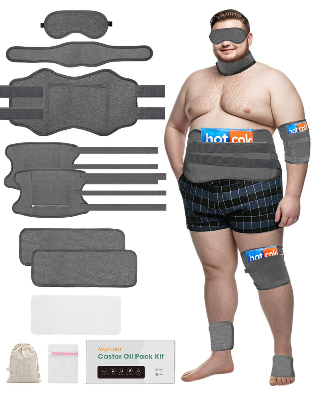 10 Pcs Castor Oil Pack Wrap for Men, Plus Size Castor Oil Packs for Men Women, XL Reusable Castor Oil Wraps Set for Eyes Neck Stomach Waist Knees Legs Feet, Flannel Cotton, Machine Washable，Mixed fibre fabrics (Dark Gray)