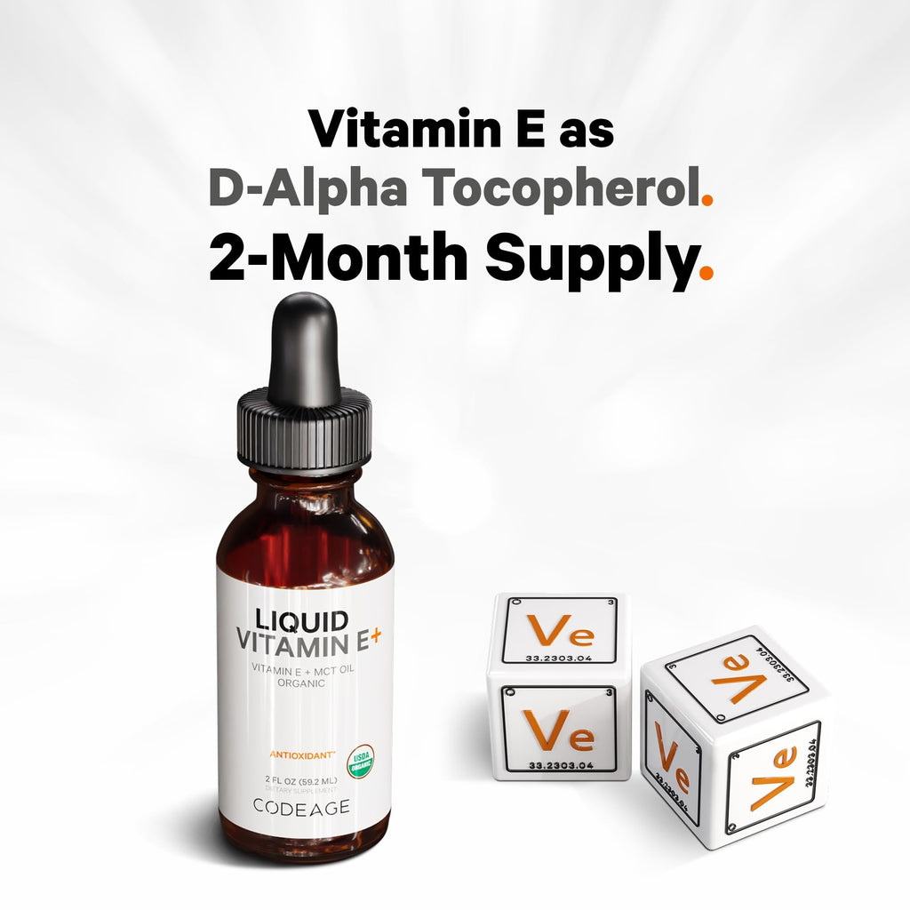 Codeage Liquid Vitamin E+ - USDA-Certified Organic Vitamin E - 2-Month Supply - D-Alpha Tocopherol Acetate, Organic MCT Oil, Orange Fruit Oil, Unflavored, Non-GMO, Vegan, Gluten-Free, 2 fl oz