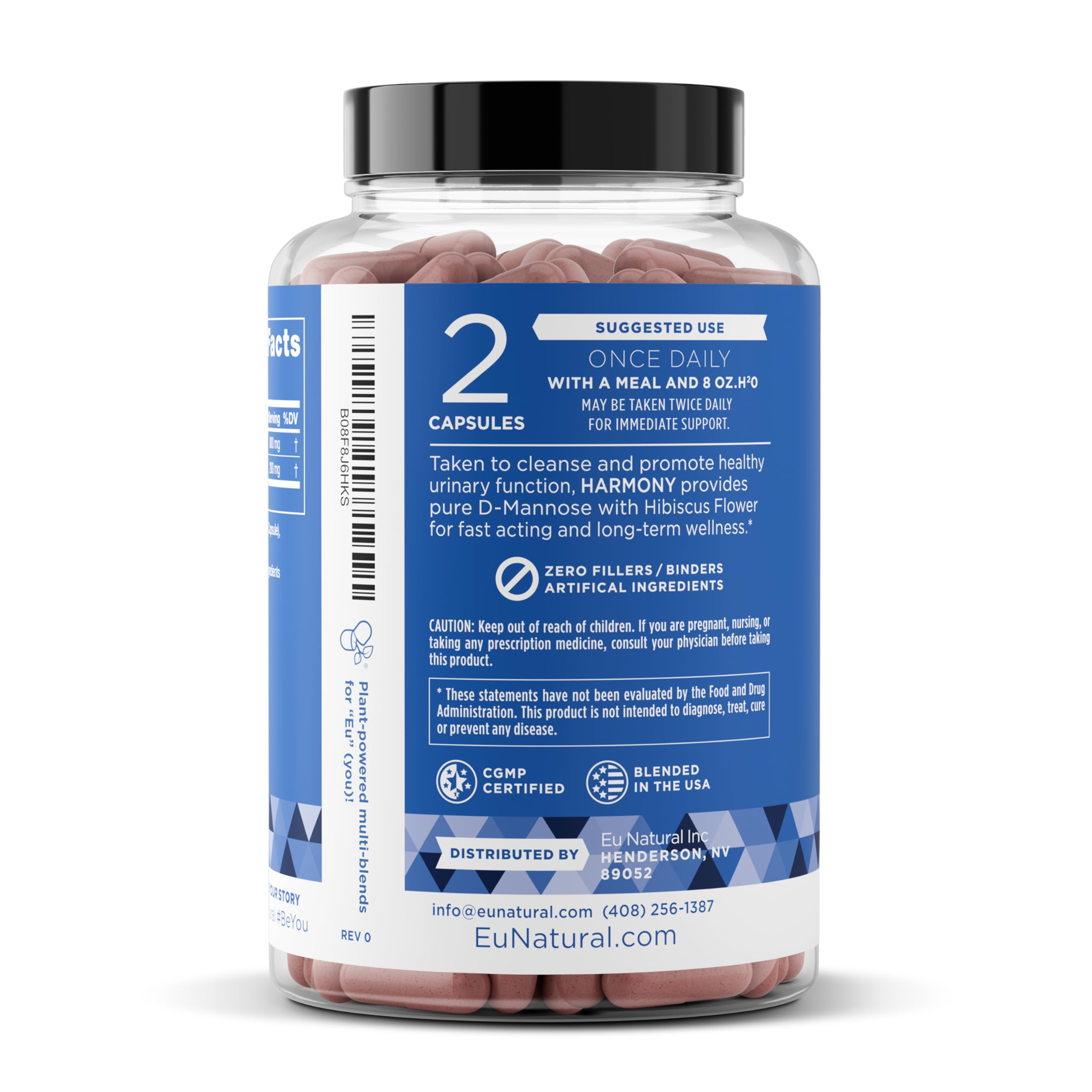 Eu Natural Urinary Harmony D-Mannose Supplement - Urinary Tract Health for Women - Fast-Acting Urinary Cleanse & Flush with Clinical-Strength D-Mannose & Hibiscus - 180 Capsules