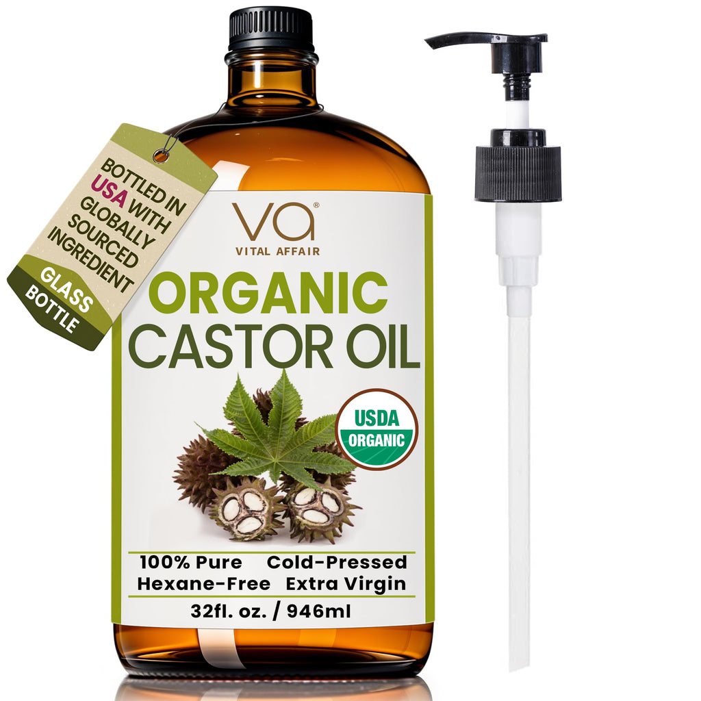 VITAL AFFAIR Pure Organic Castor Oil 32oz – Cold Pressed, Unrefined, USDA Organic – Glass Bottle for Hair Growth, Eyelashes, Eyebrows, Face & Castor Oil Packs