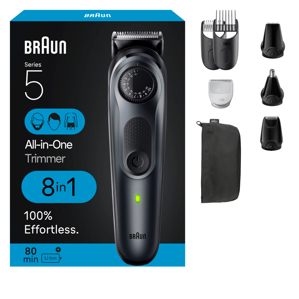Braun All-in-One Style Kit Series 5 5480, 8-in-1 Trimmer for Men with Beard Trimmer, Body Trimmer for Manscaping, Hair Clippers & More, Ultra-Sharp Blade, 40 Length Settings, Waterproof