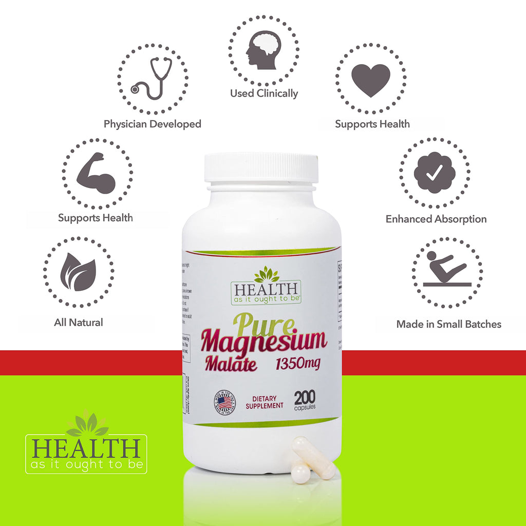 Pure Magnesium Malate 1350 mg - 200 Capsules. Physician Formulated and Highly Absorbable