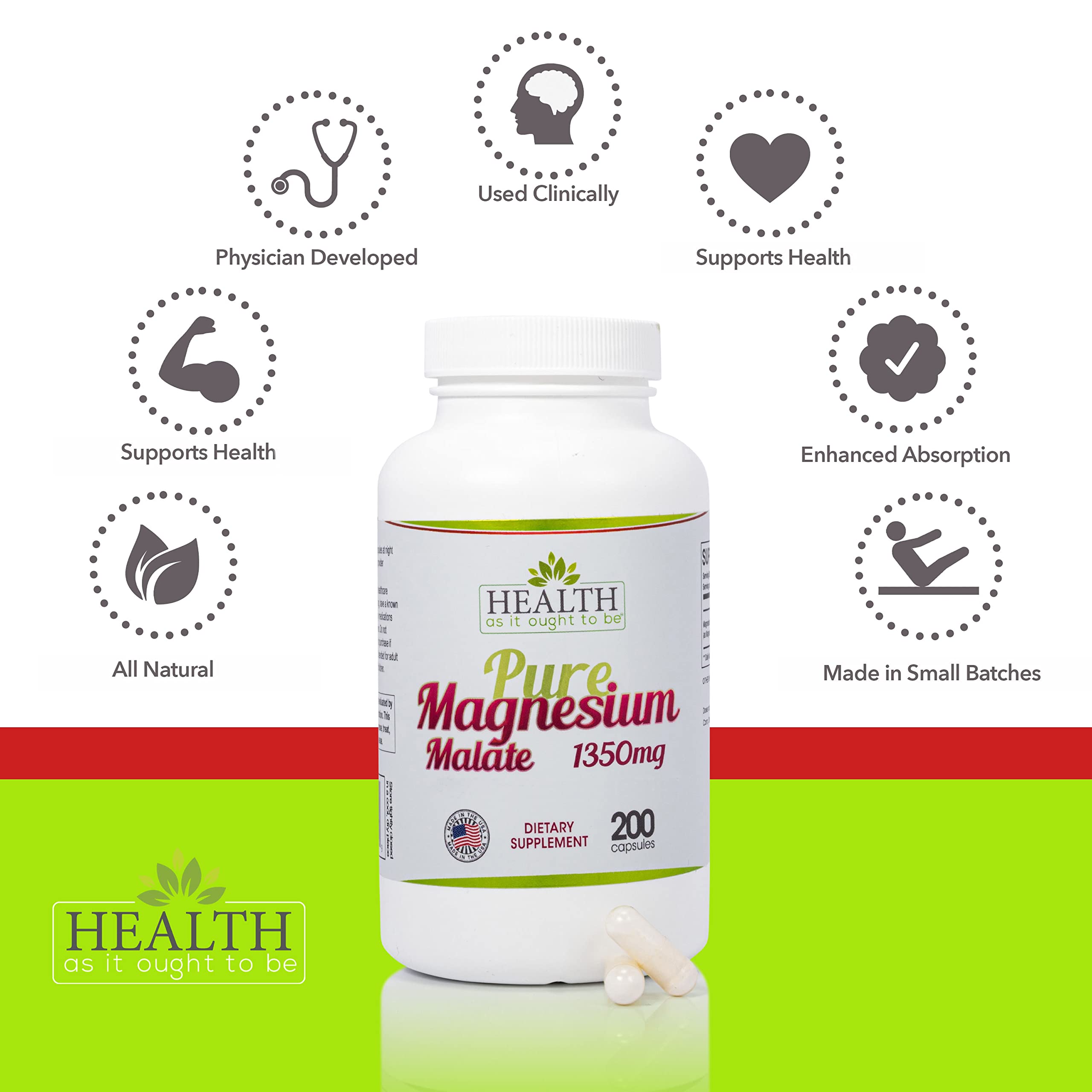 Pure Magnesium Malate 1350 mg - 200 Capsules. Physician Formulated and Highly Absorbable
