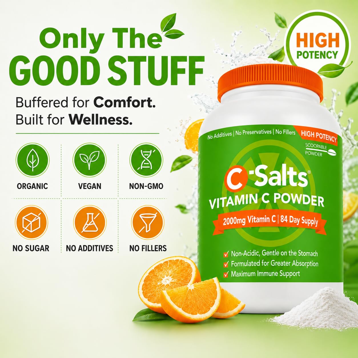 C-Salts Buffered Vitamin C Powder - Pure Organic, Stomach Friendly Ascorbic Acid VIT C Drink for Daily Immune Support & Collagen Production - Vegan Non GMO Sugar Free - 272 Servings Original, 26oz