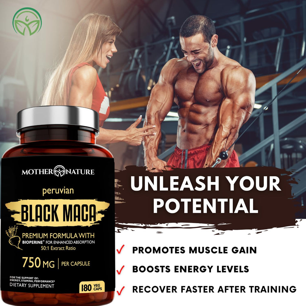 MNO Organic Raw Black Maca 750mg + BioPerine, Energy & Performance, 180ct