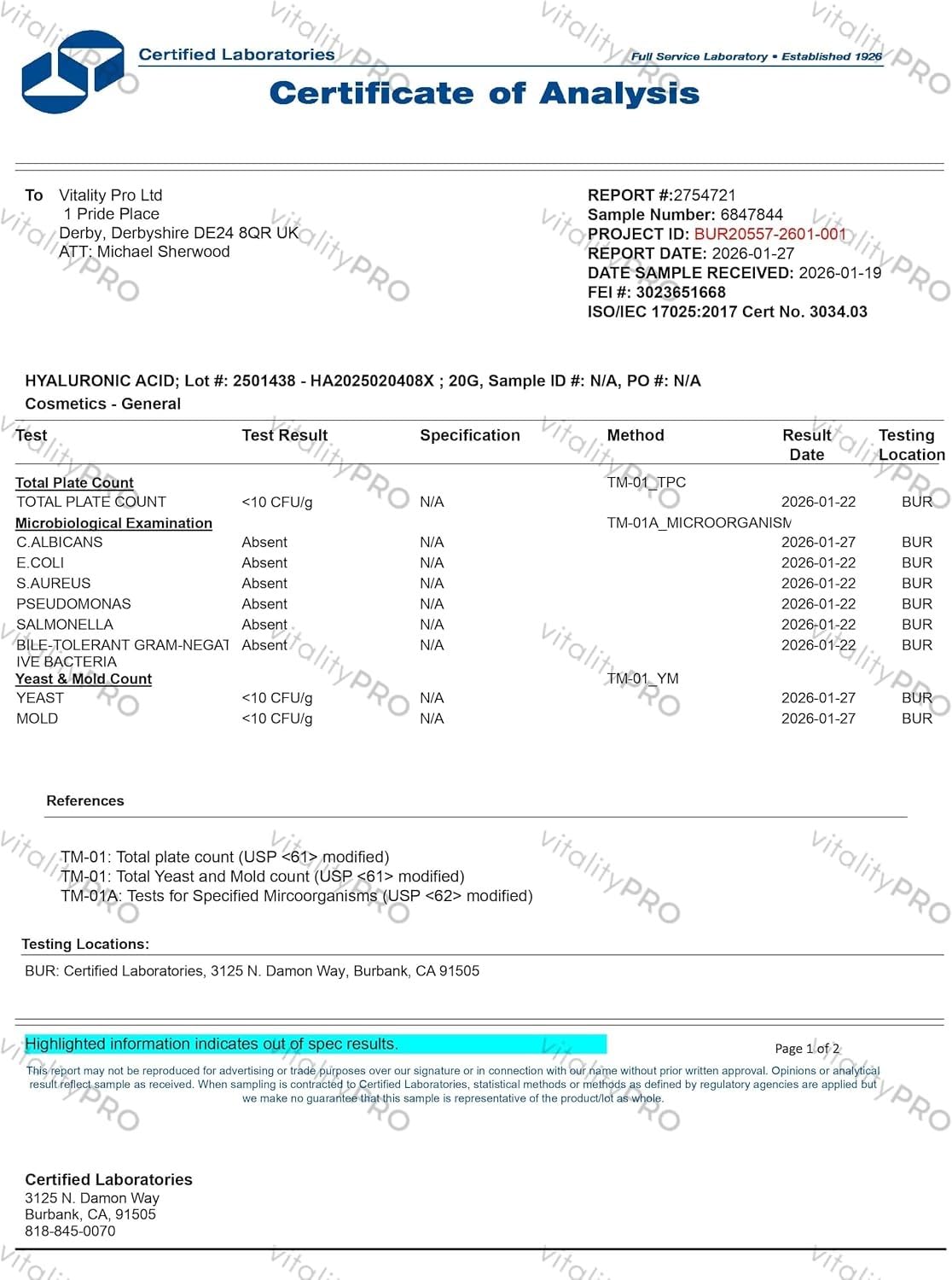 vP Vitality Pro Hyaluronic Acid 316mg x 120 Capsules