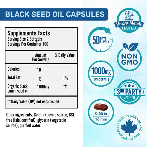 Bio Absorb Black Seed Oil Capsules, 1000mg per Serving, Cold Pressed