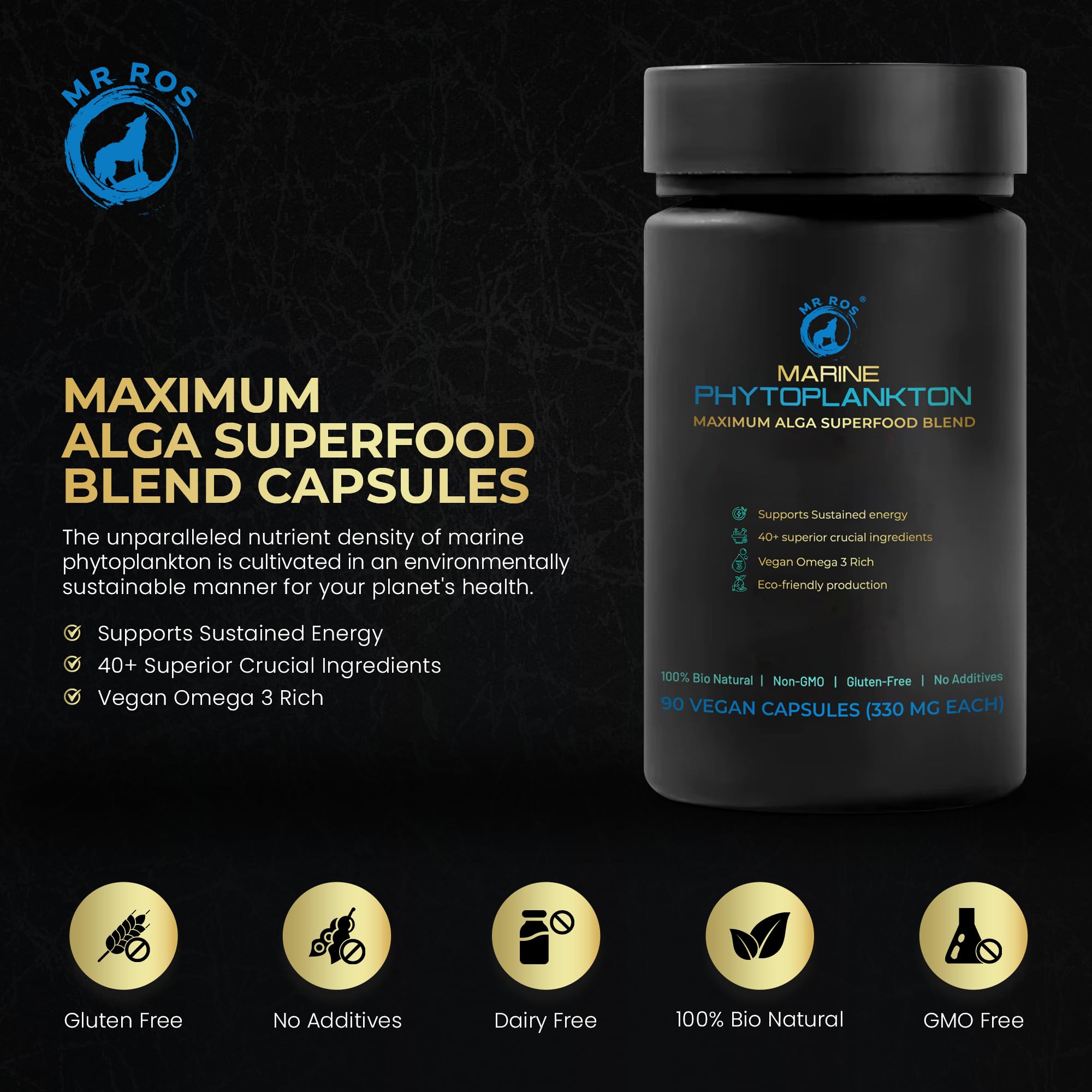 Mr Ros Marine Phytoplankton Capsules – 90 Vegan Capsules – Natural Energy, Immune, and Cognitive Support – Omega-3 Nannochloropsis gaditana Superfood, Non-GMO, Gluten Free