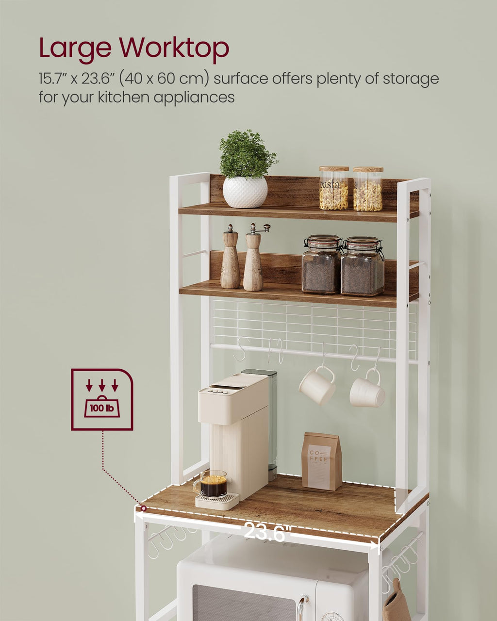 Hutch Bakers Rack with Power Outlet, 14 Hooks Microwave Stand, Adjustable Coffee Bar with Metal Wire Panel, Kitchen Storage Shelf, 15.7 x 23.6 x 66.9 Inches, Rustic Walnut and White UKKS037W41