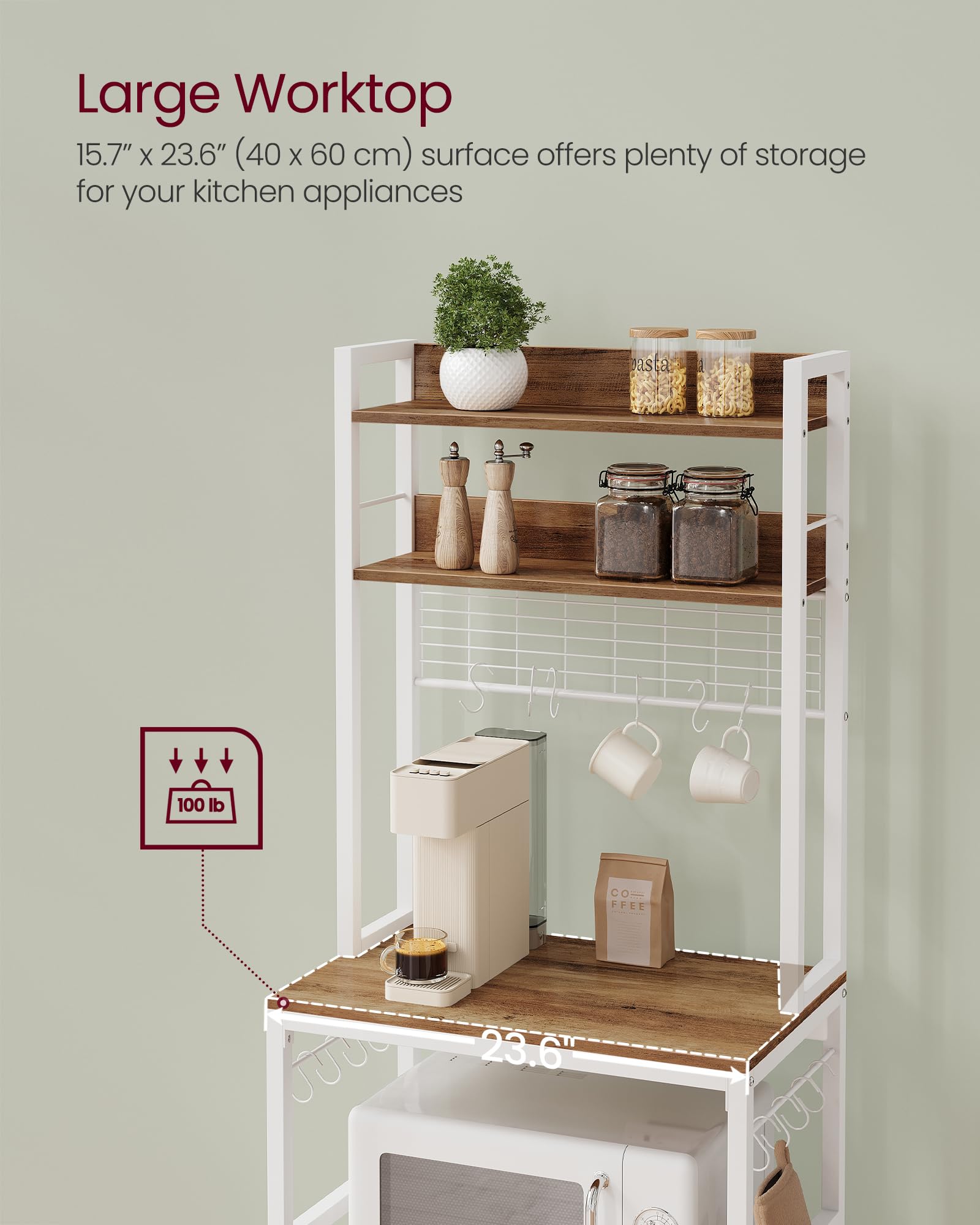 Hutch Bakers Rack with Power Outlet, 14 Hooks Microwave Stand, Adjustable Coffee Bar with Metal Wire Panel, Kitchen Storage Shelf, 15.7 x 23.6 x 66.9 Inches, Rustic Walnut and White UKKS037W41