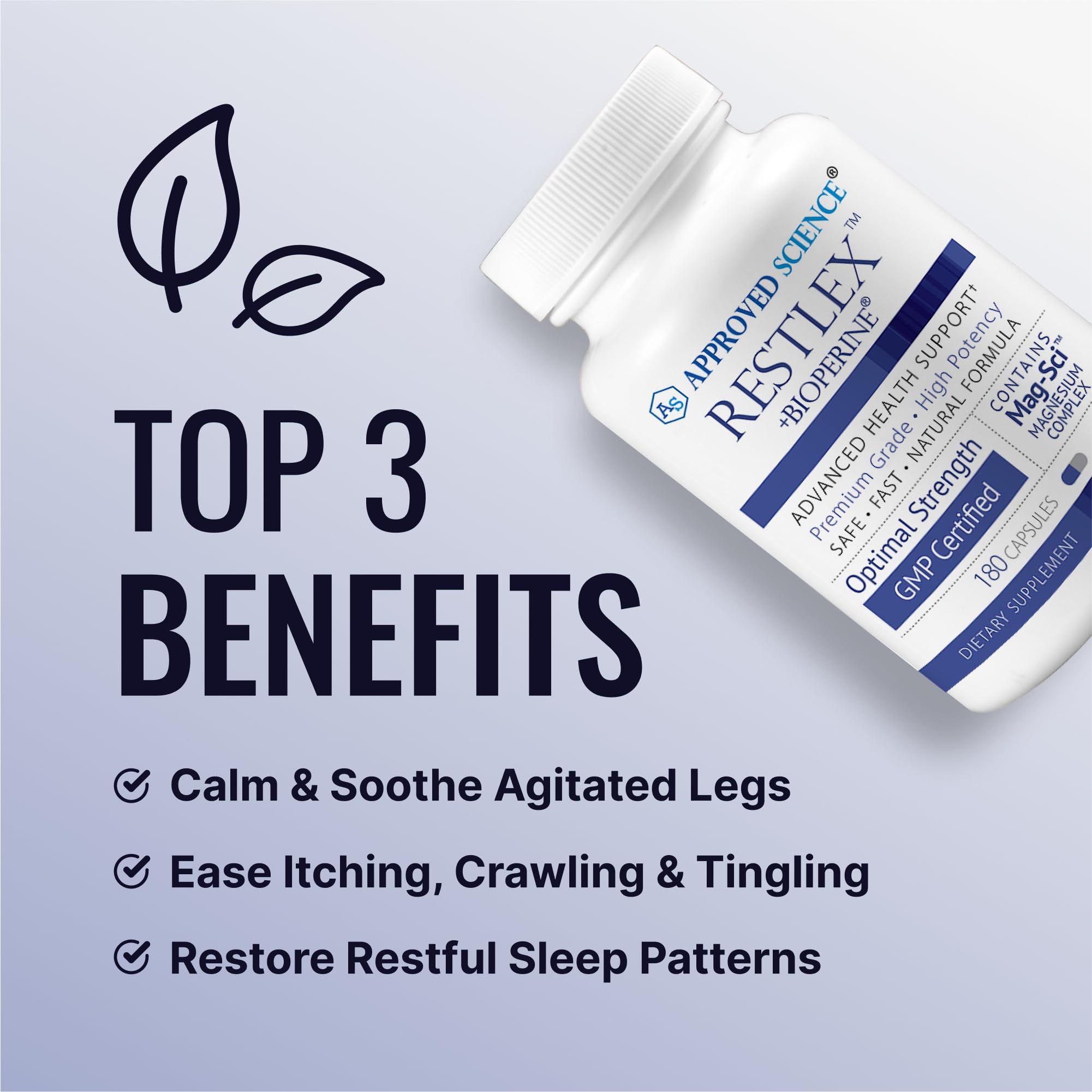 Approved Science Restlex for Restless Legs – Magnesium Glycinate for Calm Legs and Restful Legs – Natural Itching, Crawling, and Tingling in Feet and Legs - Calm, Restful Sleep Support - 6 Months