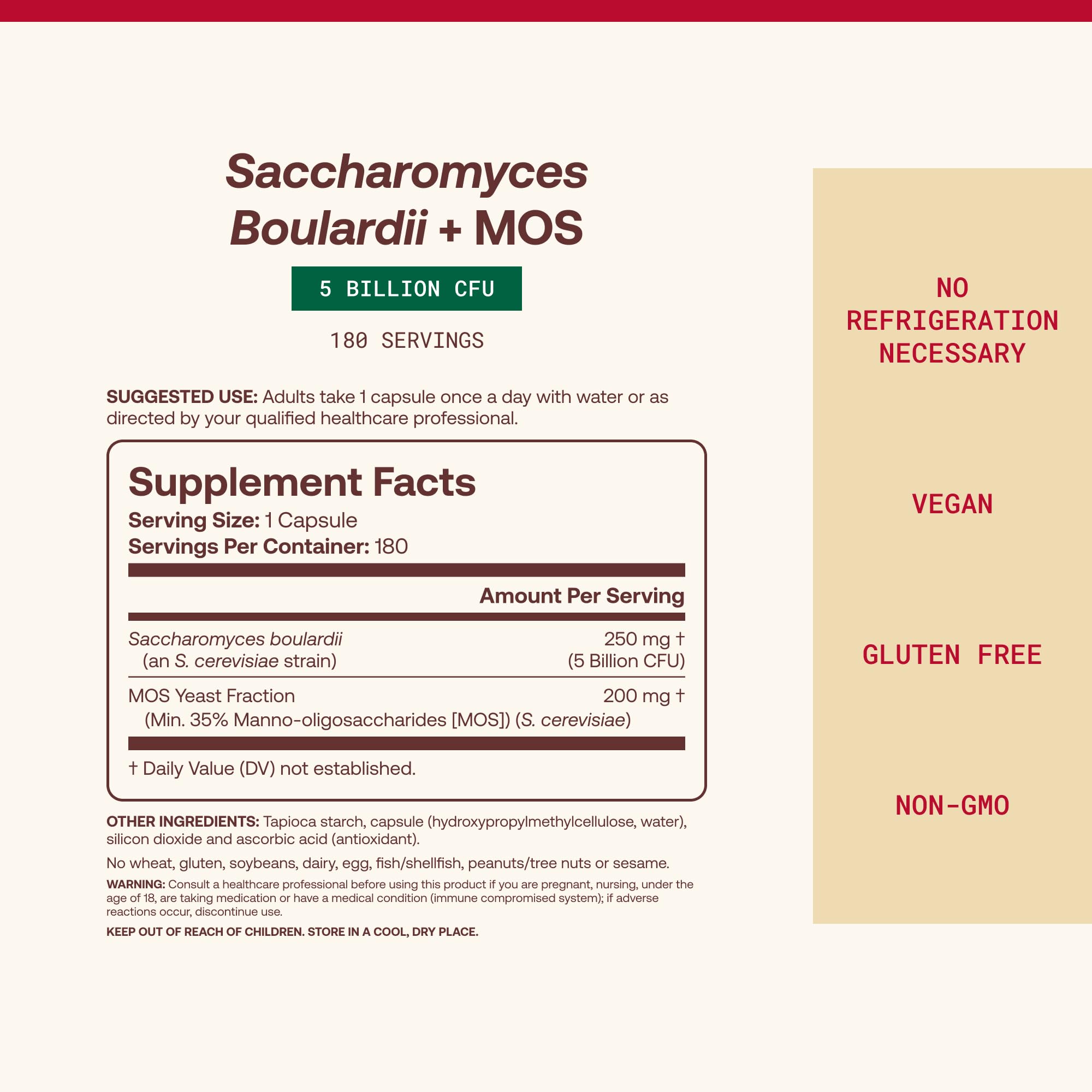 Jarrow Formulas Saccharomyces Boulardii + MOS Probiotics for Digestive Health and Intestinal Tract Support - 5 Billion CFU Per Serving - 180 Delayed Release Caps - Probiotic + Prebiotic - 180 Servings