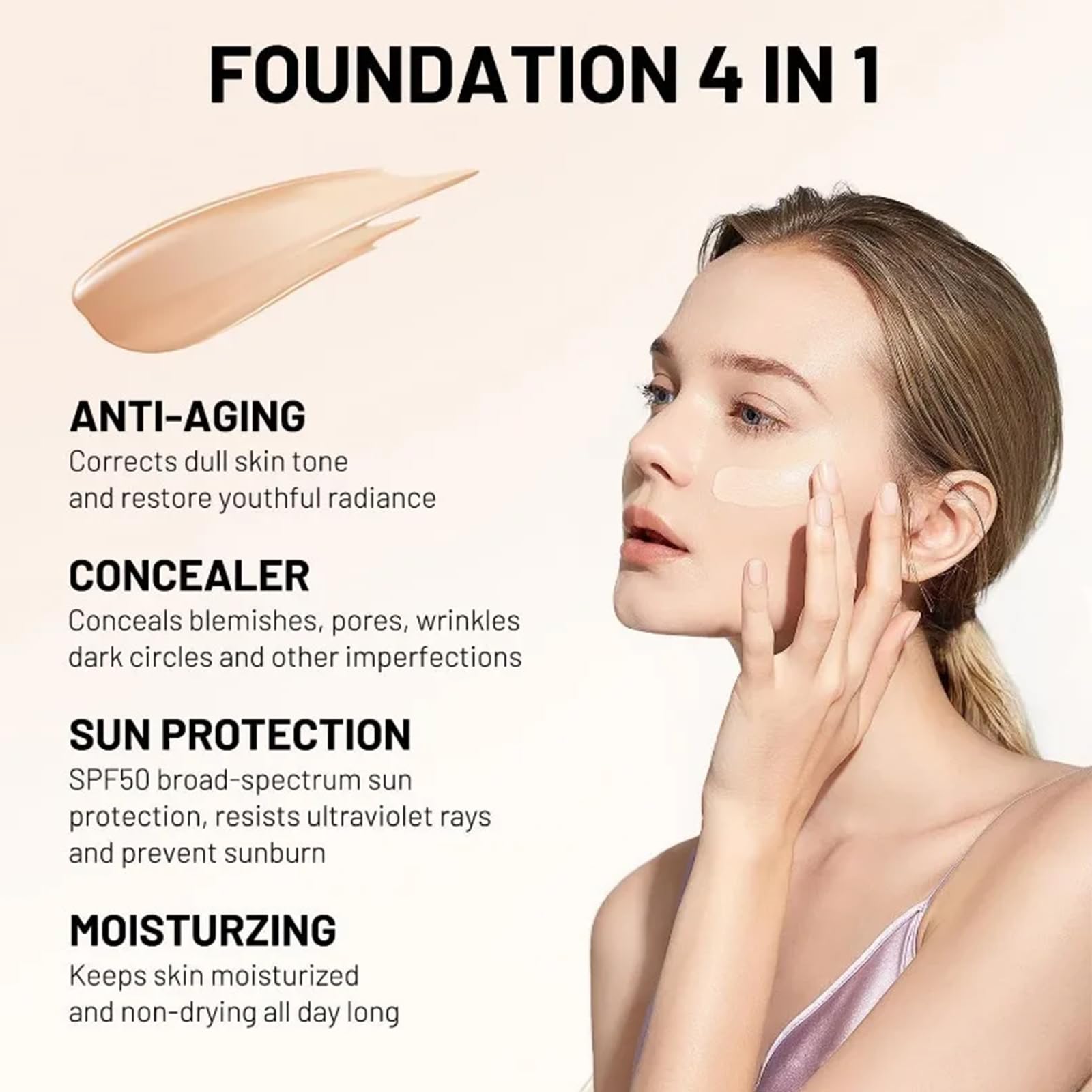 4 in 1 Foundation Liquid - Concealer and Moisturizer - Sunscreen Serum SPF50 - Color Changing Foundation Light Spectrum - UVA/UVB Protection, Hydrating & LongLasting