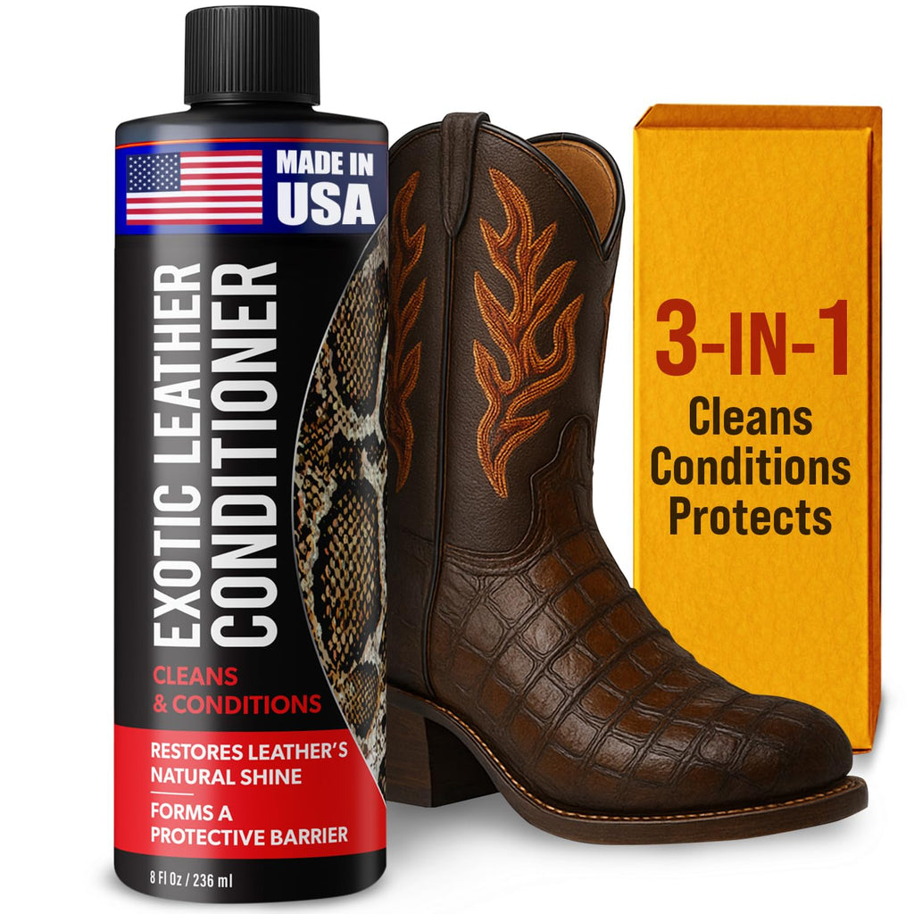 Exotic Leather Conditioner for Boots — 3-in-1 Cleaner, Conditioner & Protectant for Ostrich, Python, Lizard, Caiman & Snakeskin, Leather Boot Care Kit for Cowboy Boots, 8 fl oz Spray, Made in USA