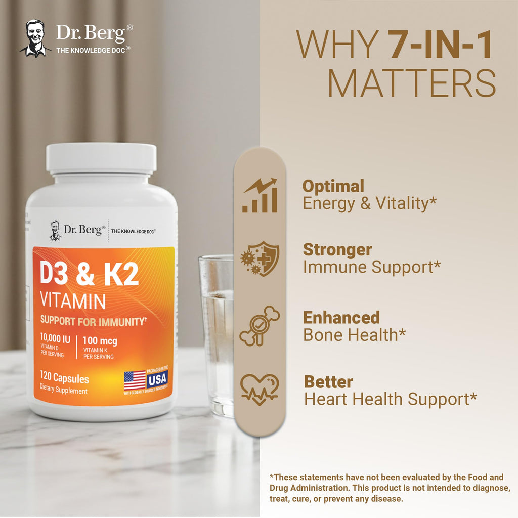 Dr. Berg Maximum Strength 7-in-1 Vitamin D3 K2 10,000 IU | Naturally Derived D3 | 4X Lab-Tested & Verified | High Absorption Formula | K2 D3 Vitamin Supplement | 120 Capsules