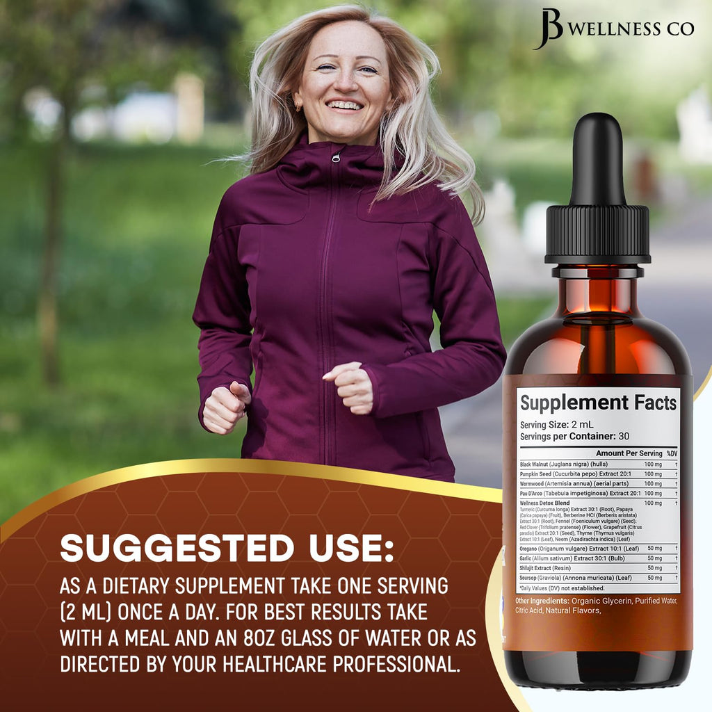 Wormwood Black Walnut Cleanse for Humans Drops Liquid Soursop Garlic Pumpkin Seed PAU D'Arco Oil of Oregano Turmeric Berberine Neem Extract Hull Bark Tincture - 6 oz