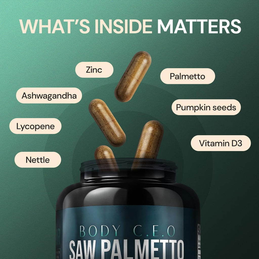Body C.E.O. Saw Palmetto for Men 1500mg Supplement - Prostate Health & Urinary Flow Support - Ashwagandha, Lycopene & Pumpkin Seed - Third Party Tested, USA Made, Vegan & Cruelty Free - 60 Capsules
