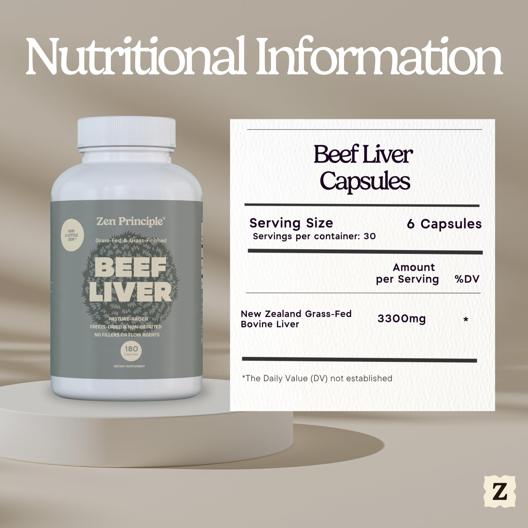 Zen Principle Ultra-Pure Desiccated Beef Liver, Grass-Fed & Finished New Zealand, No Hormones or GMOs, Natural Energy & Workout Support with Iron, Amino Acids & Vitamins. 180 Capsules