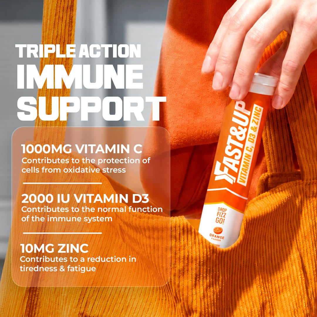 Fast&Up Vitamin C, Vitamin D & Zinc - 80 Effervescent Tablets (4 X 20) - Saver Multipack - Complete Immunity Booster - One Daily - Orange Flavour