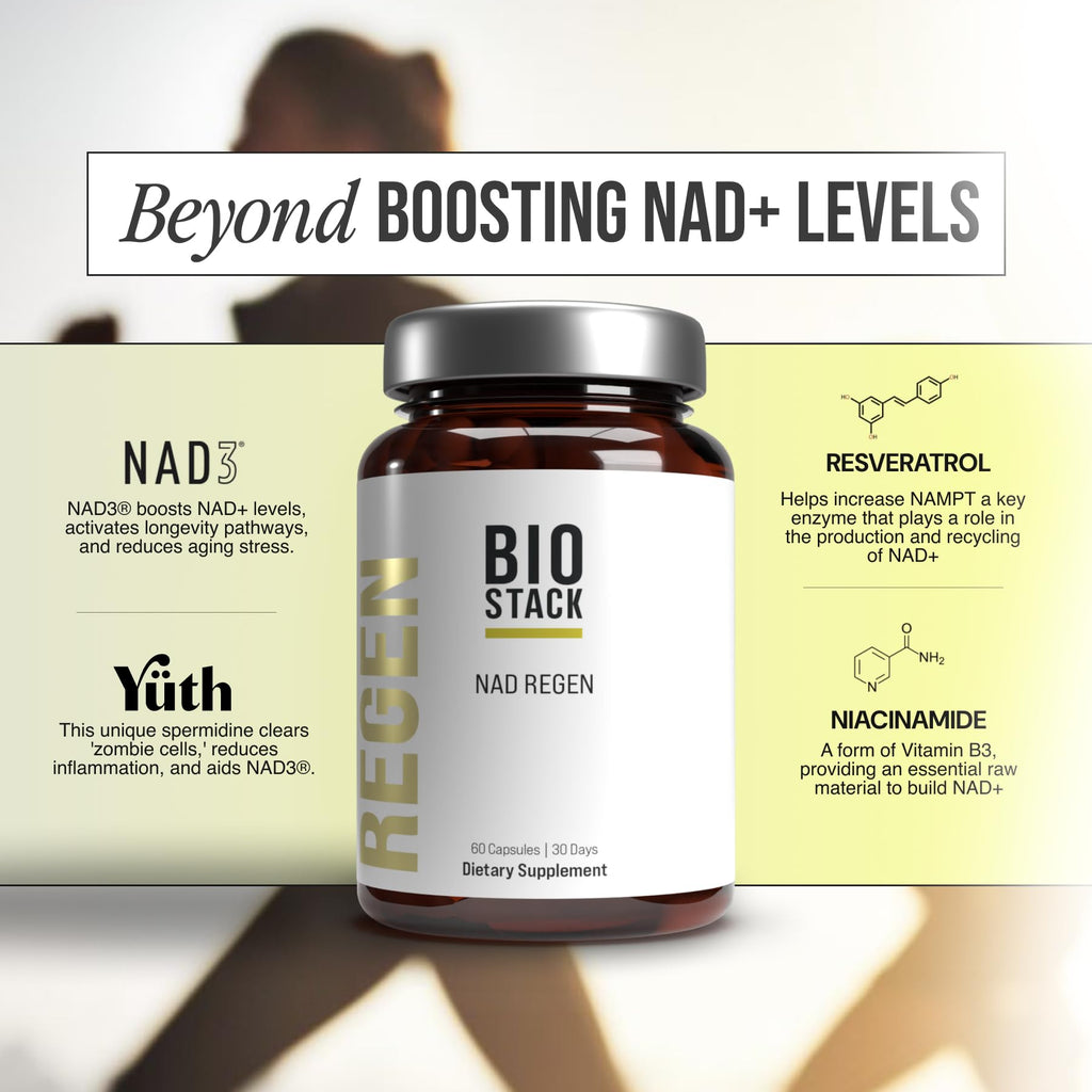 BIOSTACK NAD Regen | NAD3 Supplement with Yüth Spermidine, Resveratrol & Niacinamide | NMN Alternative for Energy, Anti-Aging & Longevity | 30 Day Supply