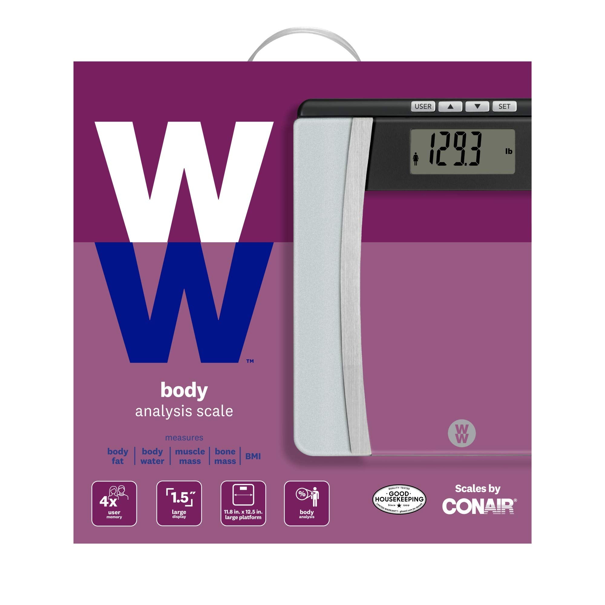 Weight Watchers Scales by Conair Scale for Body Weight | Digital Bathroom Scale with Body Fat, Muscle and BMI in Large Display Black