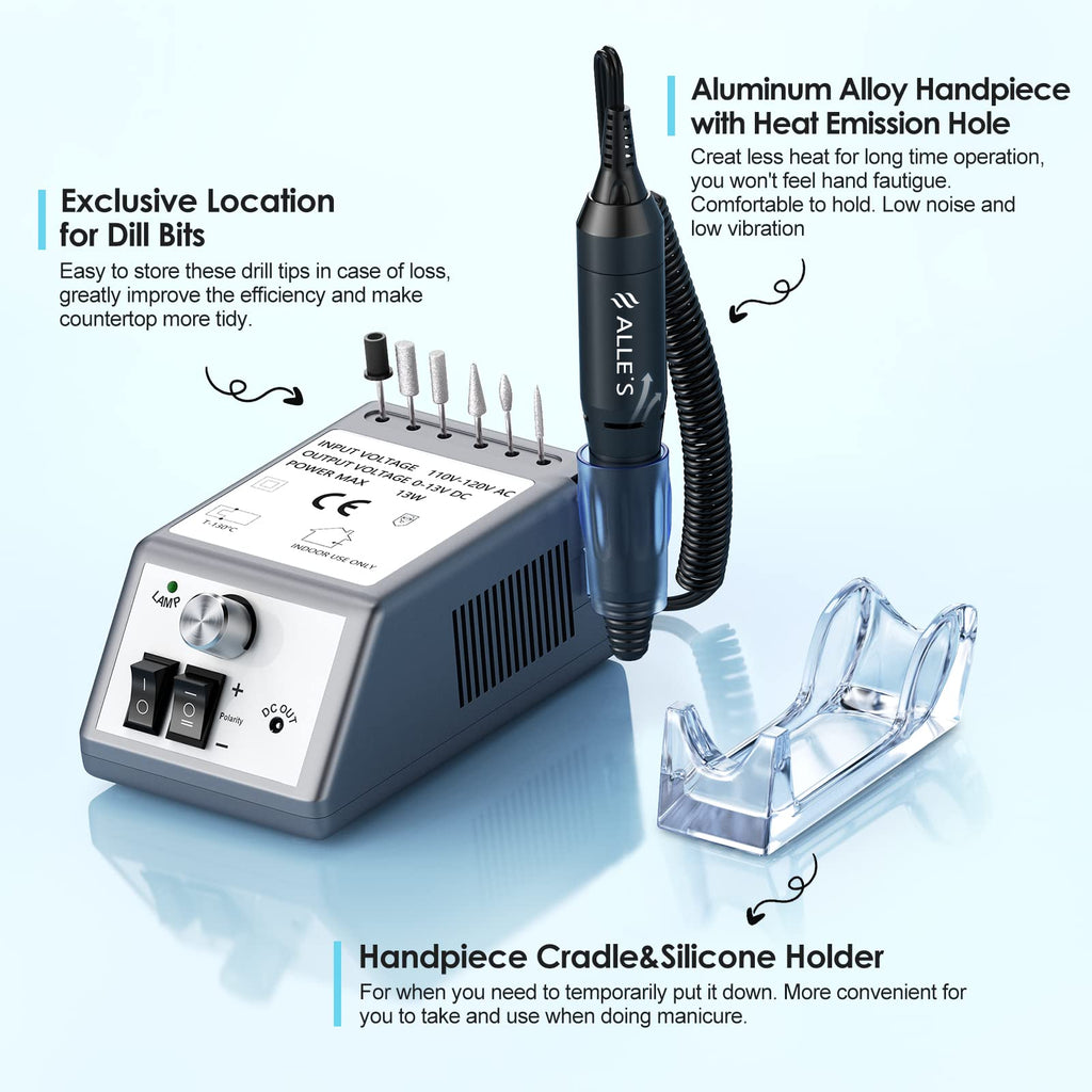 Professional Nail Drill Machine 20000 RPM Efile Electric Nail Filer Kit for Finger Toe Nails, Acrylic Gel Nails, Manicure Pedicure Drill with 6Pcs Nail Bits, 106Pcs Sanding Bands - Grey