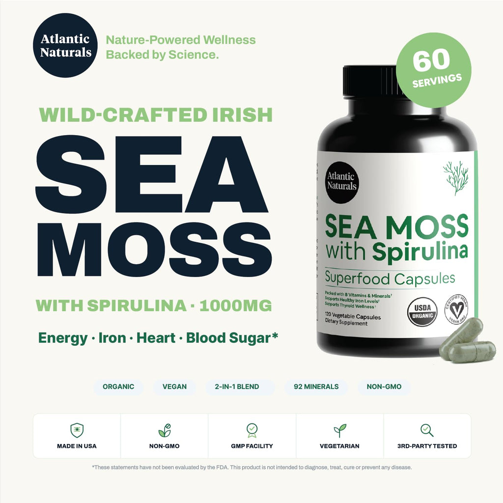 Atlantic Naturals Sea Moss with Spirulina Superfood Capsules - Multivitamin Supplement Supports Healthy Iron and Immune Health, Alternative to Seamoss Gel and Powder - Irish Sea Moss Capsules (120 ct)