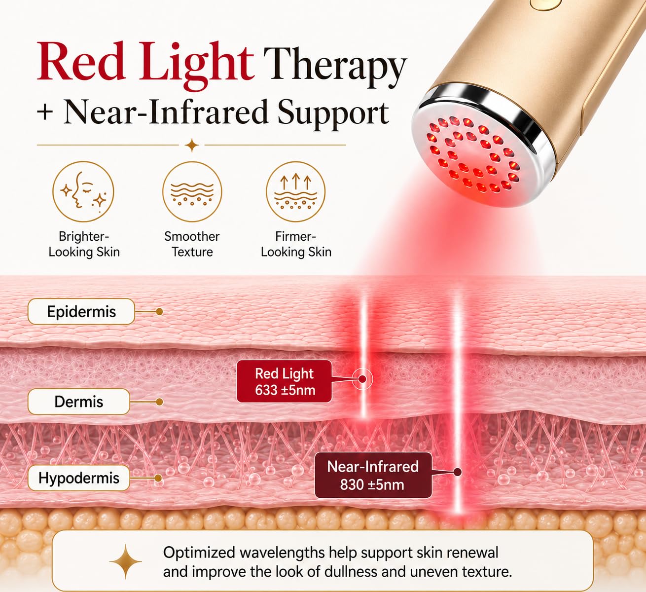 AVORLA® I Red Light Infrared Therapy Facial Wand I At-Home Skin Care Device, Anti Wrinkle Facial Massager (Gold)