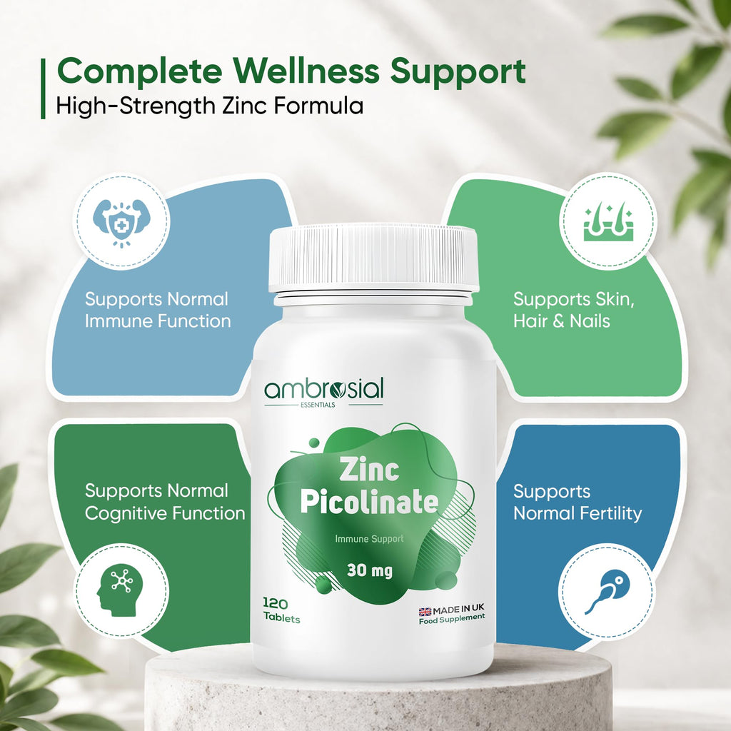 Ambrosial Zinc Picolinate Supplement 30 mg – High Strength Zinc Tablets for Women & Men – Non-GMO, GMP Certified, 120 Tablets (4 Months Supply)