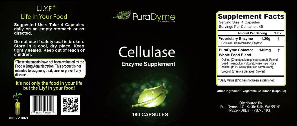 PuraDyme - Cellulase Enzyme Supplement, Supports Digestive Health, 180 Capsules