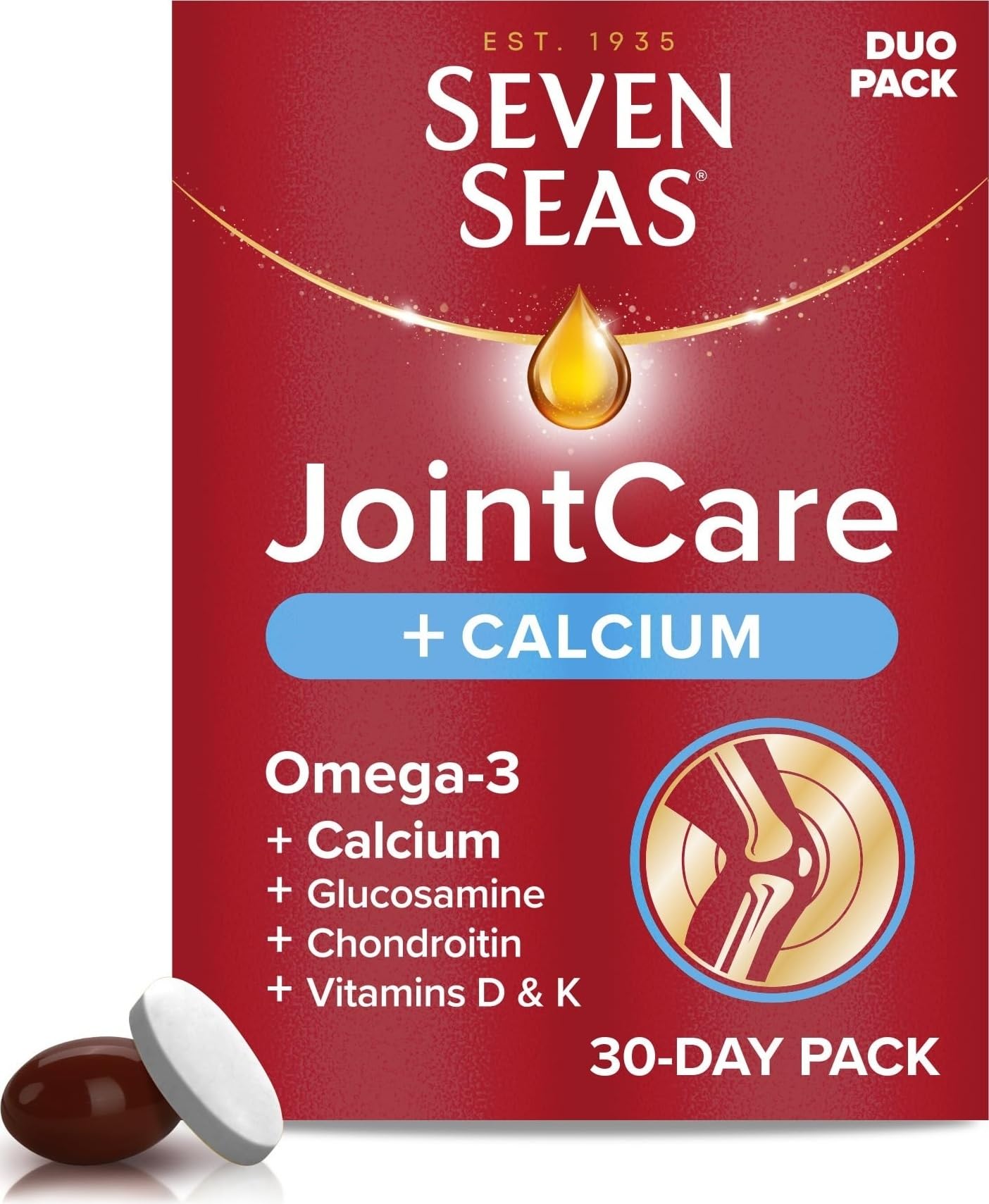 Seven Seas JointCare Plus Calcium, with Omega-3, Glucosamine, Chondroitin, Vitamins C, D and K, Manganese and Zinc, Food Supplements, 30-Day Pack