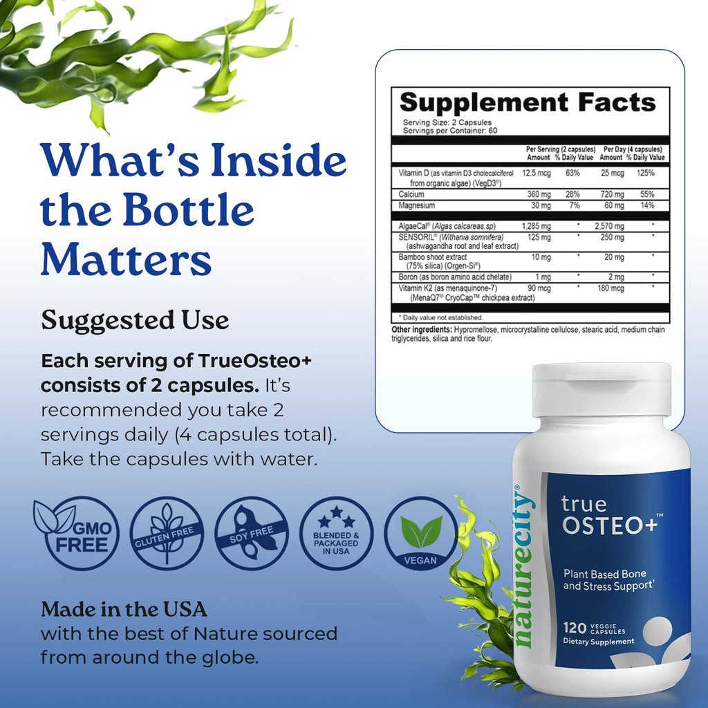 NatureCity True-Osteo Plus Bone Support with Ashwagandha – for Strength & Density – Plant-Based Calcium with Organic AlgaeCal, Magnesium, Vitamin D3, K2, Silicon & Stress Support | 360 Veggie Capsules