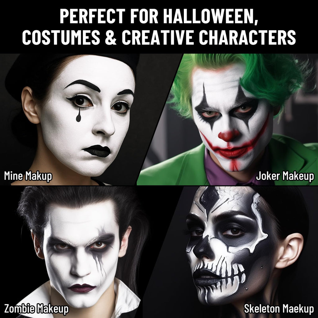 BOBISUKA Black & White Face Body Paint + Setting Powder + 3PCS Brushes Face Painting Kit for Adult Professional Oil Based Facepaint For Halloween Clown Skeleton Vampire Skull Joker Cosplay SFX Makeup