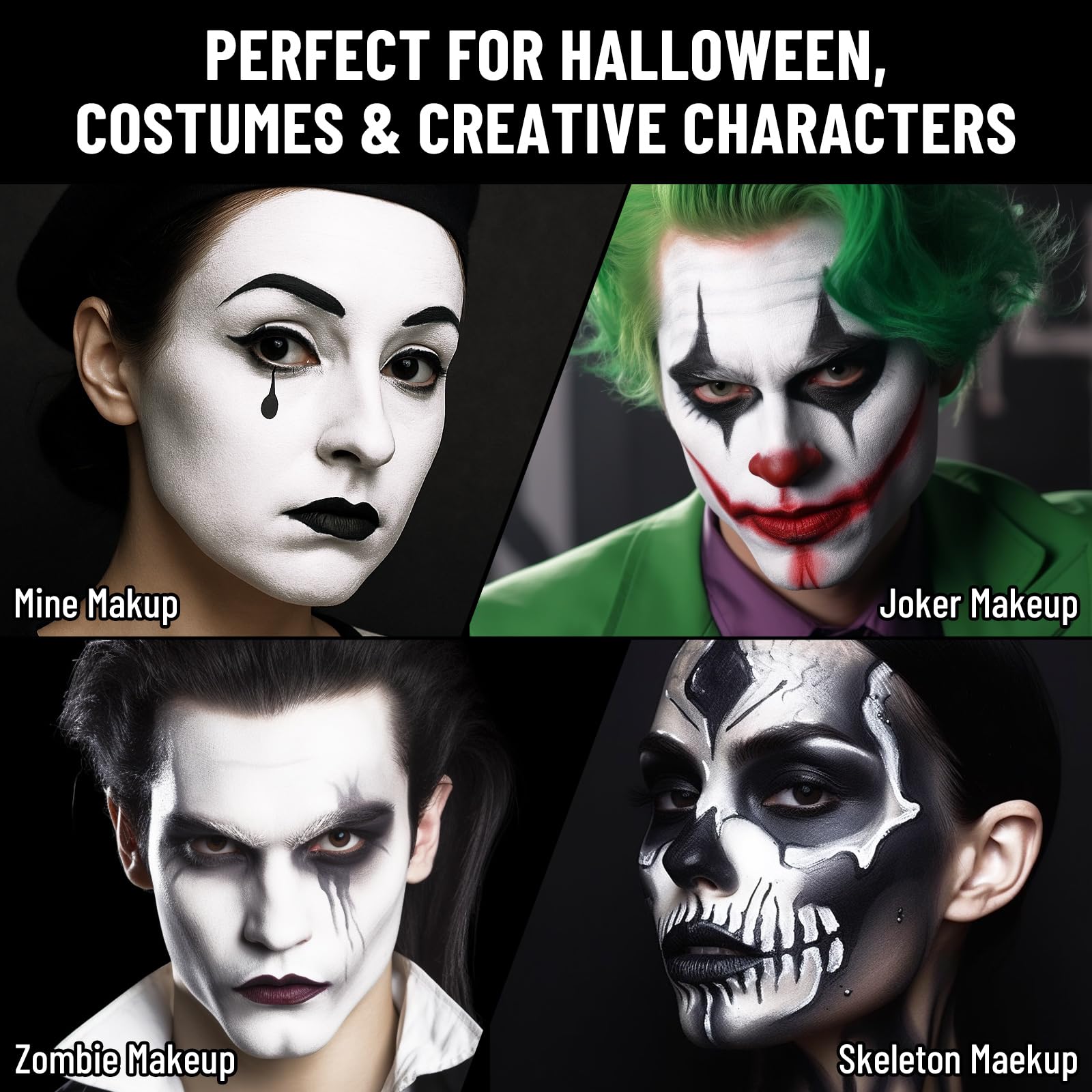 BOBISUKA Black & White Face Body Paint + Setting Powder + 3PCS Brushes Face Painting Kit for Adult Professional Oil Based Facepaint For Halloween Clown Skeleton Vampire Skull Joker Cosplay SFX Makeup