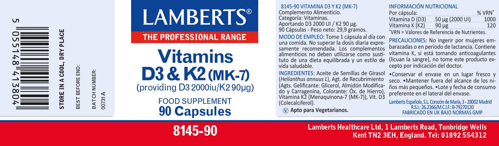 Lamberts Vitamin D3 2000iu & K2 90µg – High Strength MK-7 Complex – Bone & Immune Support – 90 Vegetarian Capsules