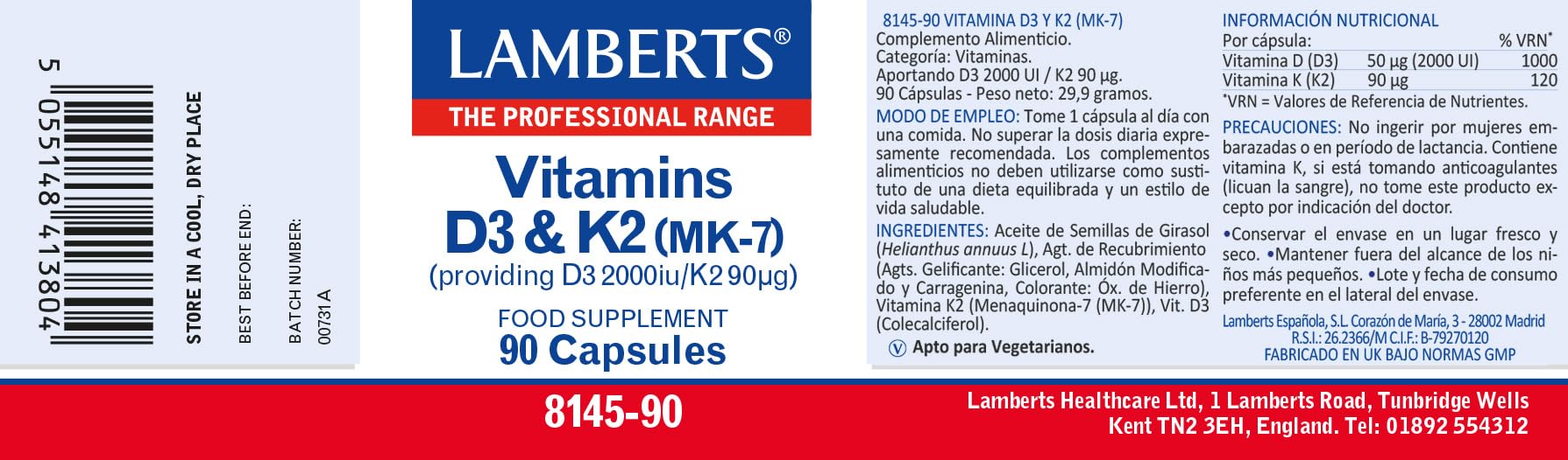 Lamberts Vitamin D3 2000iu & K2 90µg – High Strength MK-7 Complex – Bone & Immune Support – 90 Vegetarian Capsules