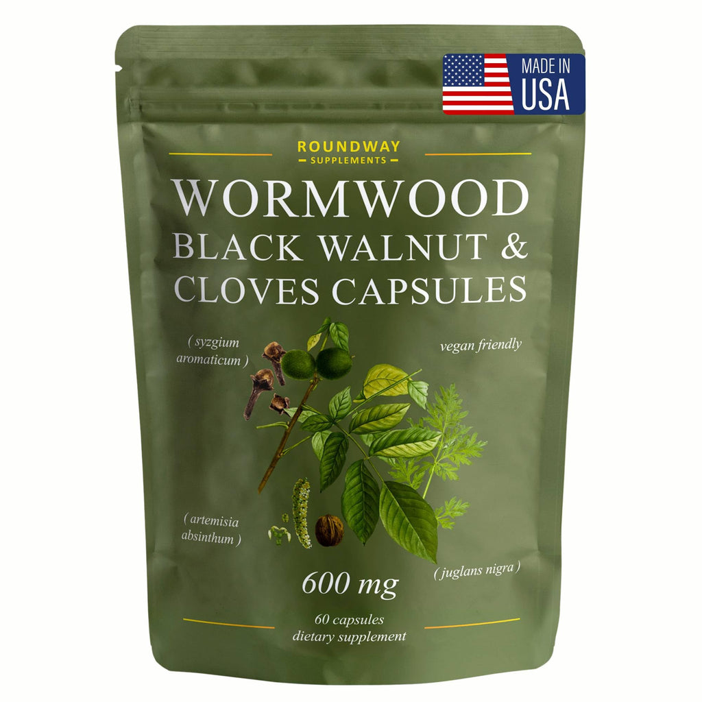 Roundway Supplements Wormwood Black Walnut Hull and Clove Capsules | High Strength Cleanse for Humans. 2 Months Supply | 60 Capsules, 600mg. Gluten-Free and Non-GMO. Vegan Supplement (Pack of 1)